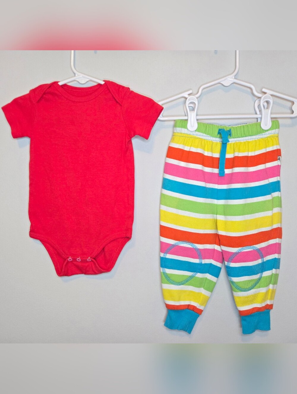 Frugi Rainbow Striped Sweatpants & Primary Red Bodysuit 9-12m